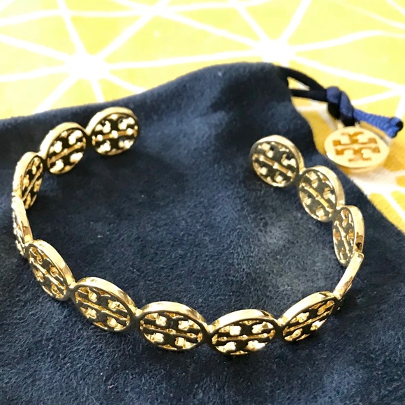 Tory Burch Gold Logo Cuff Shiny Brass Bracelet NEW - Picture 3 of 7
